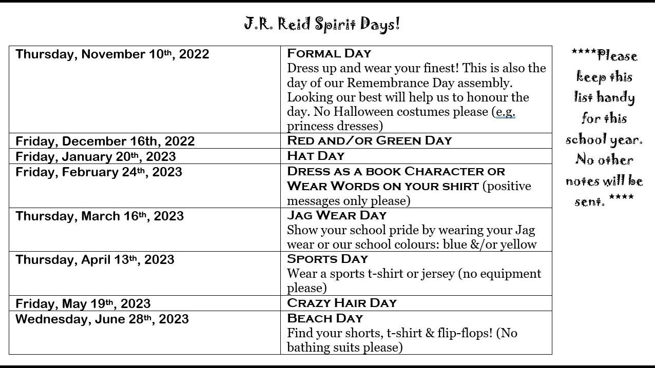 Spirit Days at J.R. Reid!